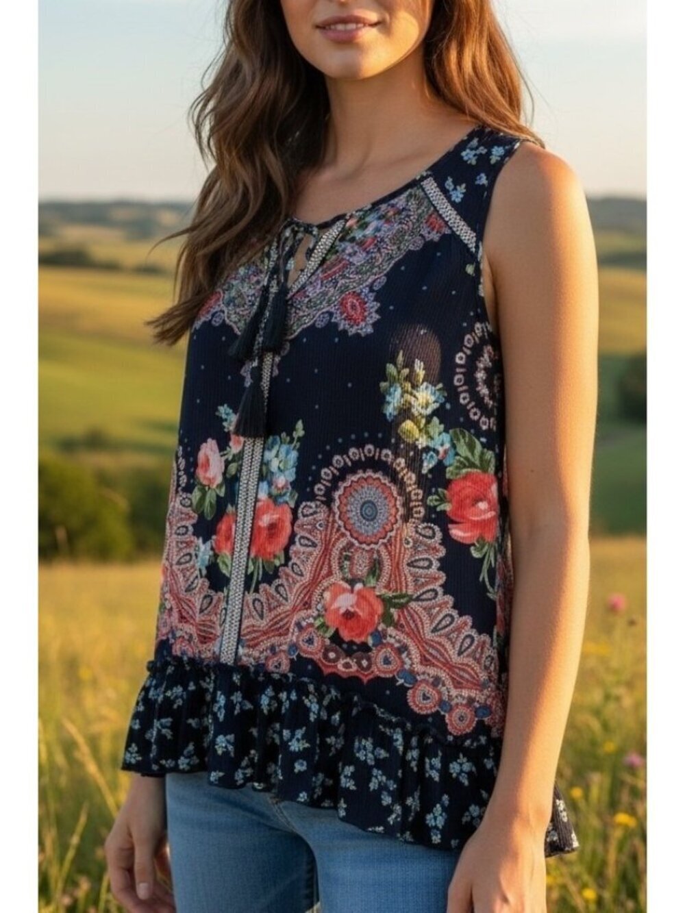 Bila Black/Multi Floral Boho Peasant Tassel Tank Top Rayon Ruffle Hem XL